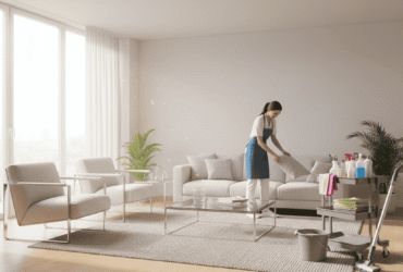 A cleaner arranging pillows on a sofa in a bright living room with cleaning supplies nearby.