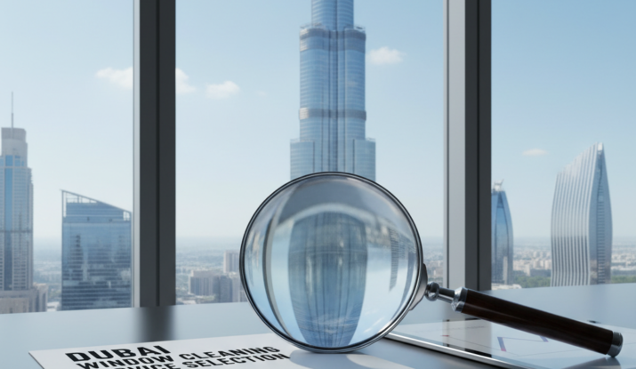 Checklist and magnifying glass with a skyscraper.