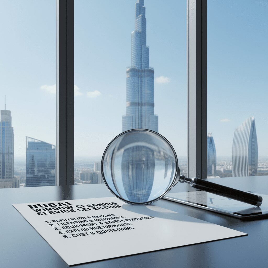 Checklist and magnifying glass with a skyscraper.