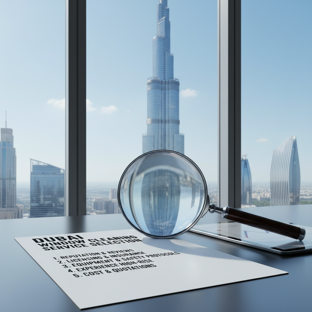 Checklist and magnifying glass with a skyscraper.