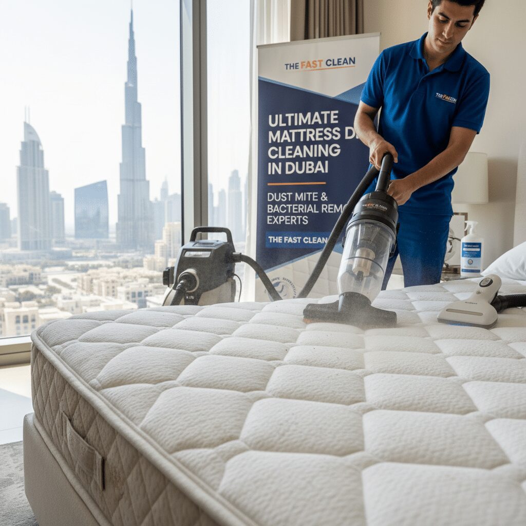Professional mattress deep cleaning in Dubai using advanced vacuum equipment to remove dust mites and bacteria for a healthier sleeping environment.