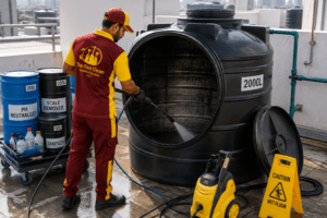Professional technician performing water tank cleaning services in Dubai