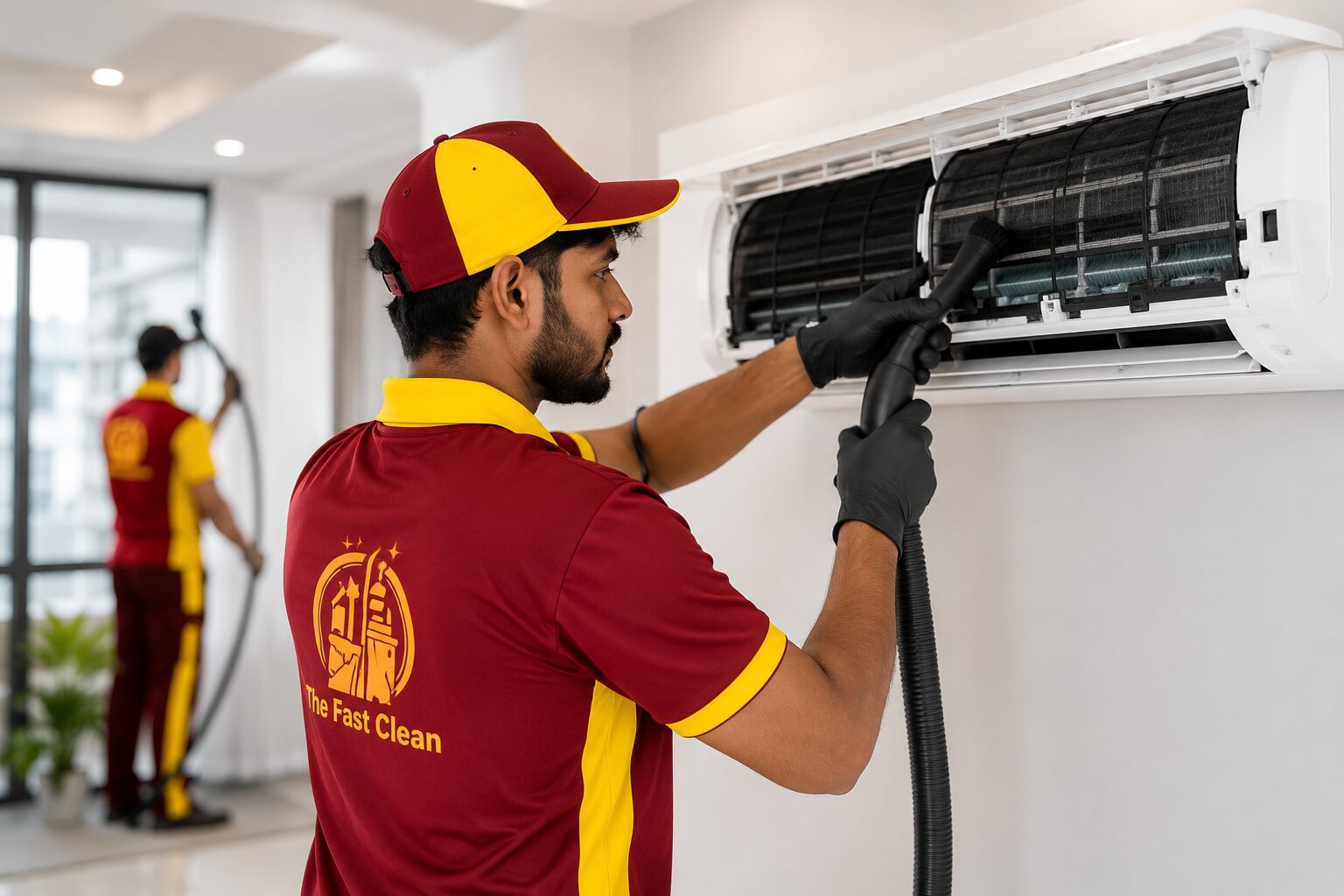 Professional technician from The Fast Clean performing AC Cleaning Sharjah service on a wall-mounted air conditioner using advanced cleaning equipment in a residential property.