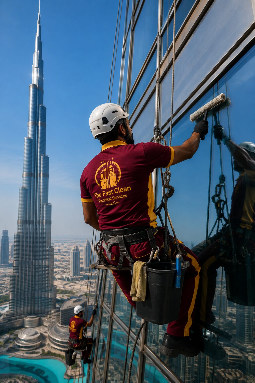 The Fast Clean technician providing high rise window cleaning services in Dubai