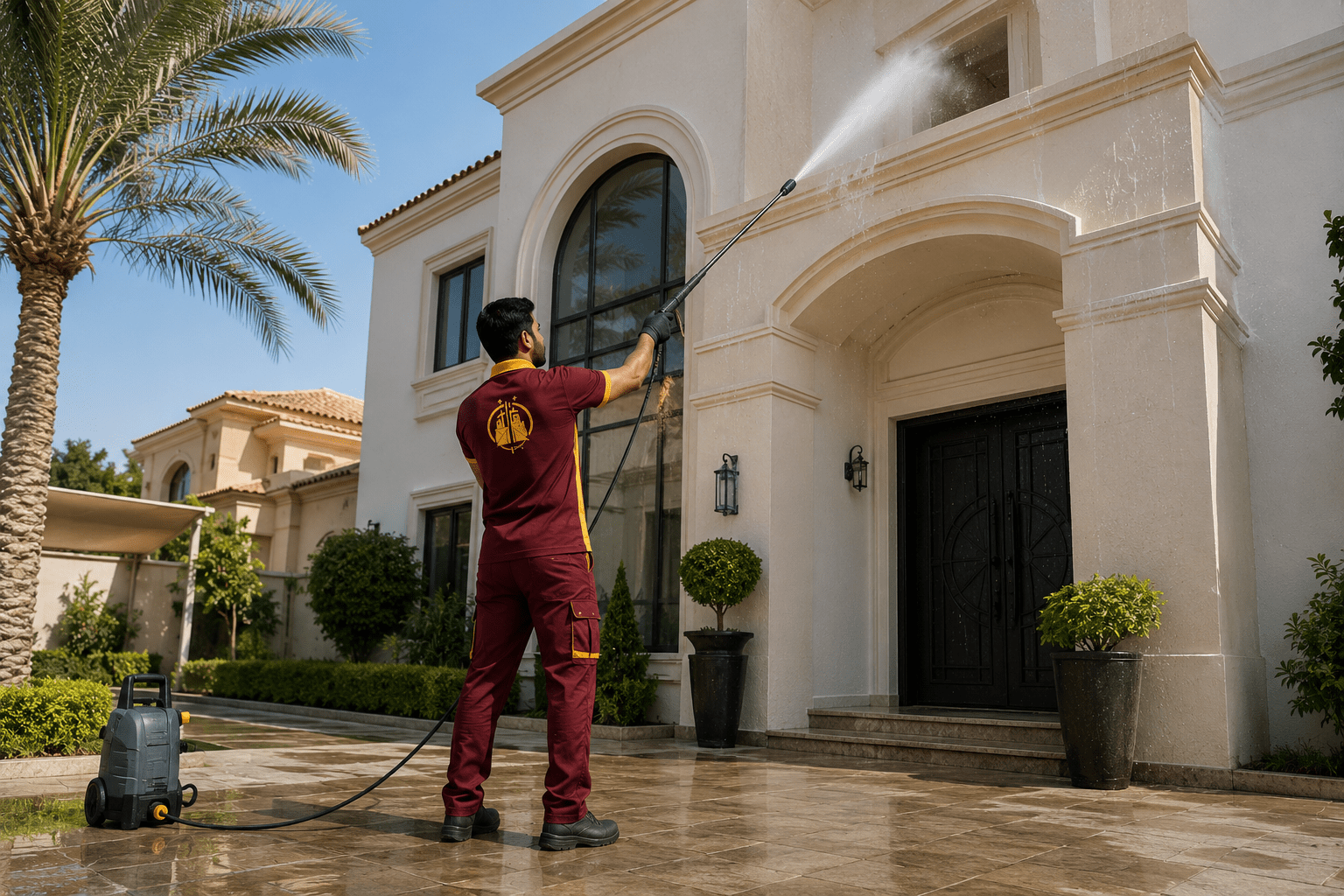 The Fast Clean technician pressure washing a villa exterior in Dubai
