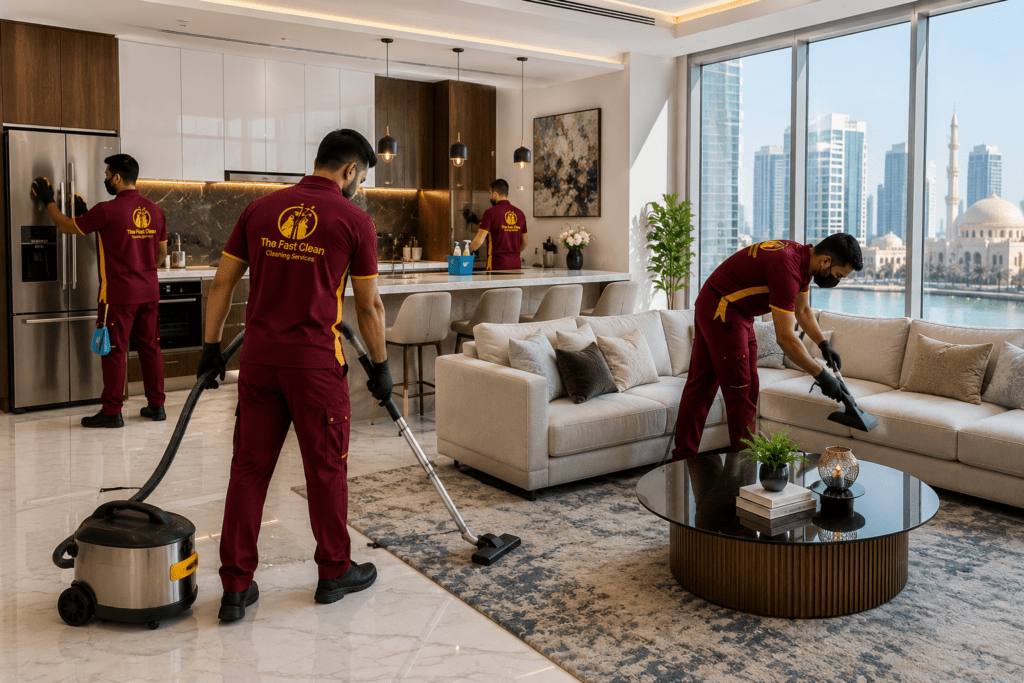 The Fast Clean staff providing professional cleaning services in a modern Sharjah home