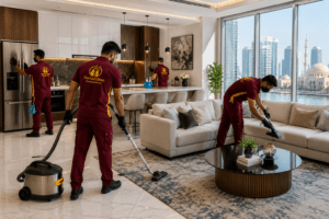 The Fast Clean staff providing professional cleaning services in a modern Sharjah home