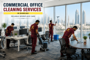 The Fast Clean technicians providing commercial office cleaning services in a modern Sharjah workplace