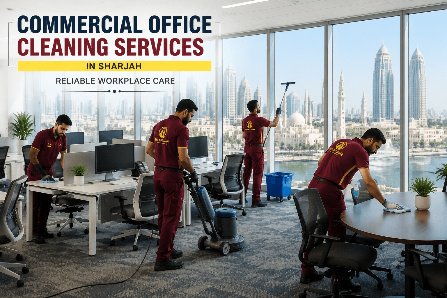 The Fast Clean technicians providing commercial office cleaning services in a modern Sharjah workplace