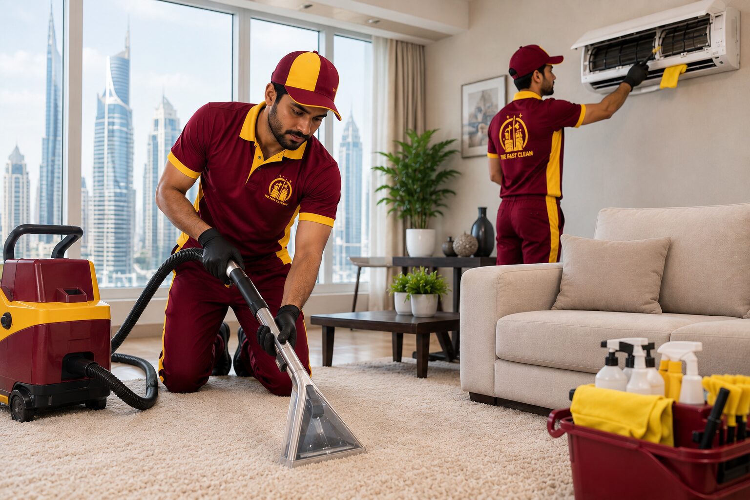 Professional cleaning team from The Fast Clean wearing official maroon and yellow uniforms while providing home cleaning services in a modern Dubai apartment using professional cleaning equipment.