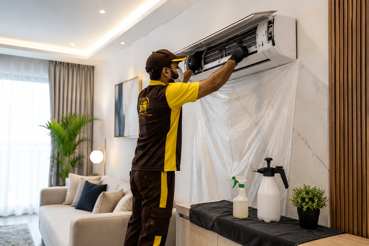 The Fast Clean technician performing AC deep cleaning in a modern home in Sharjah