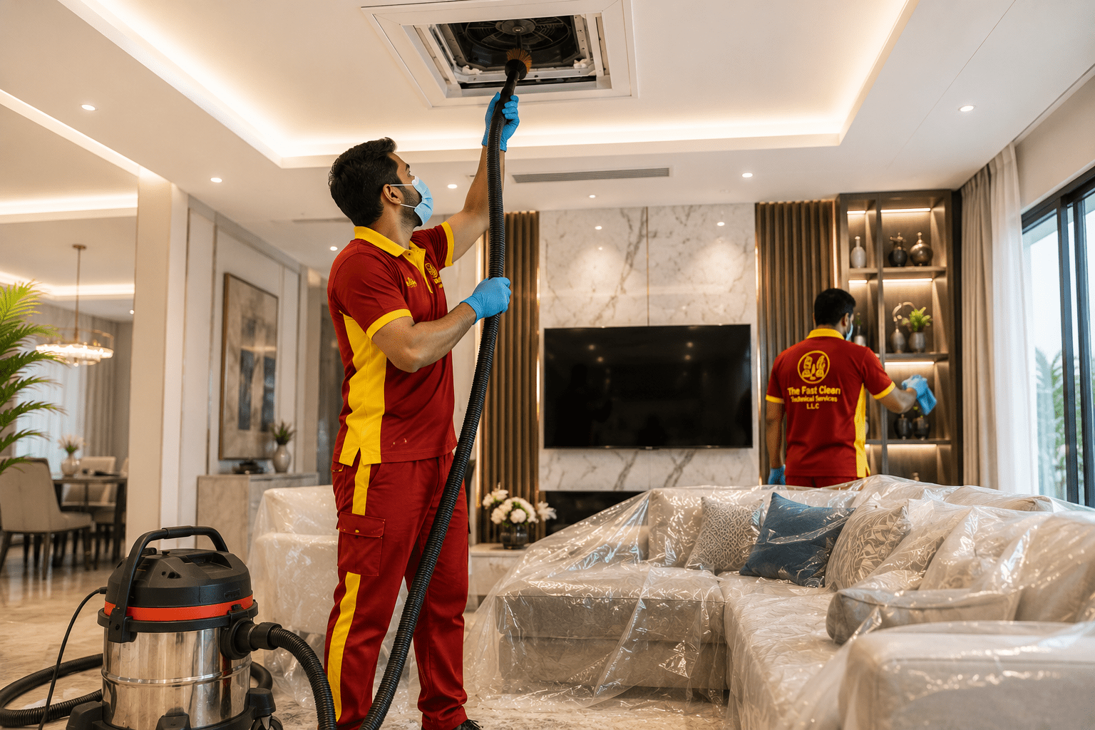 Professional technician performing AC duct cleaning in Dubai