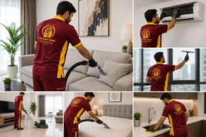 Professional male cleaning technicians from The Fast Clean providing home cleaning services in Sharjah while wearing the official maroon and yellow company uniform in a modern residential property.