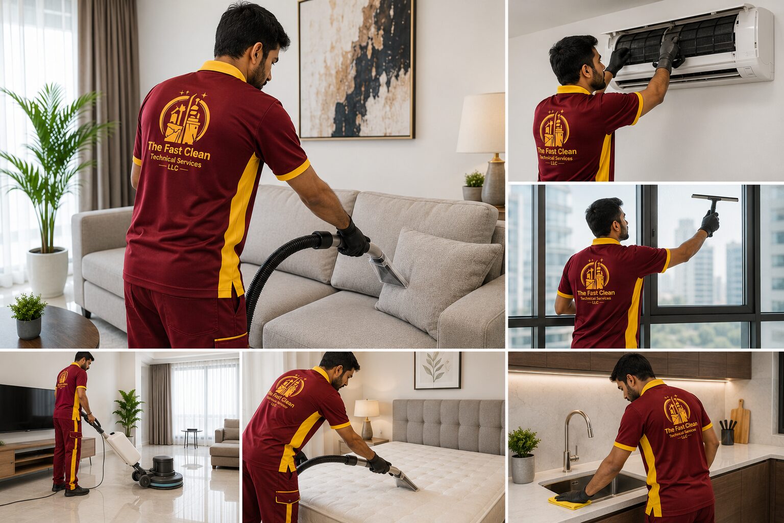 Professional male cleaning technicians from The Fast Clean providing home cleaning services in Sharjah while wearing the official maroon and yellow company uniform in a modern residential property.
