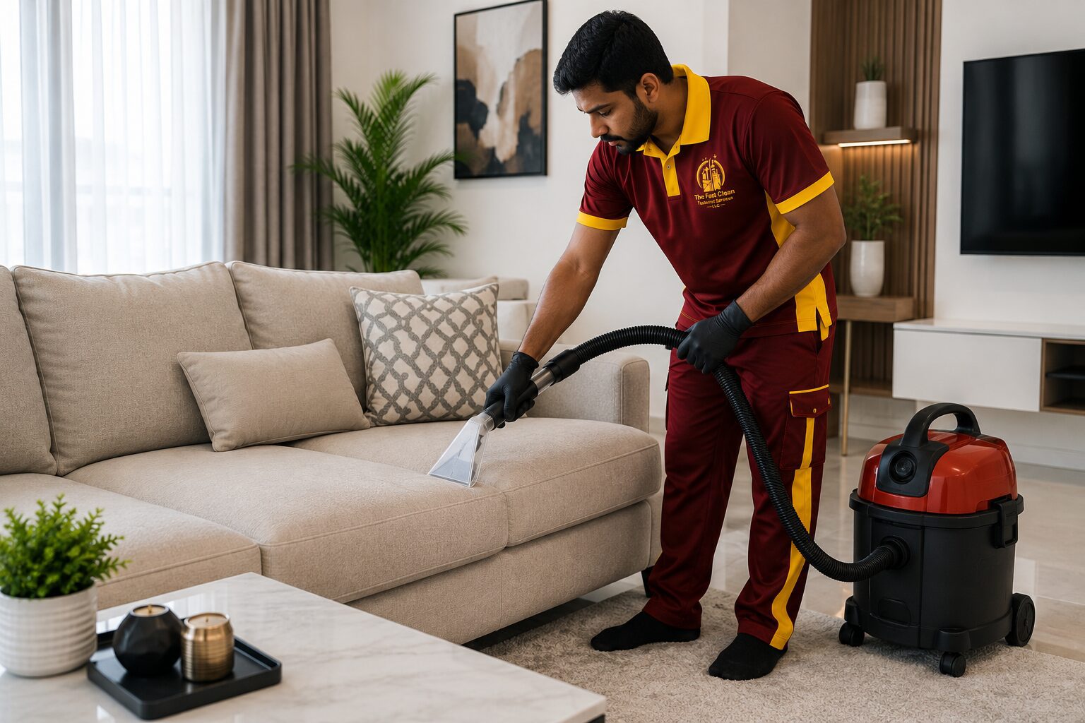 Professional male technician from The Fast Clean wearing the official maroon and yellow company uniform while deep cleaning a fabric sofa in a modern home in Sharjah using professional upholstery cleaning equipment.