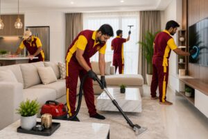 Professional male cleaning technicians from The Fast Clean wearing the official maroon and yellow company uniform while providing home and office cleaning services in a modern UAE residence using professional cleaning equipment.