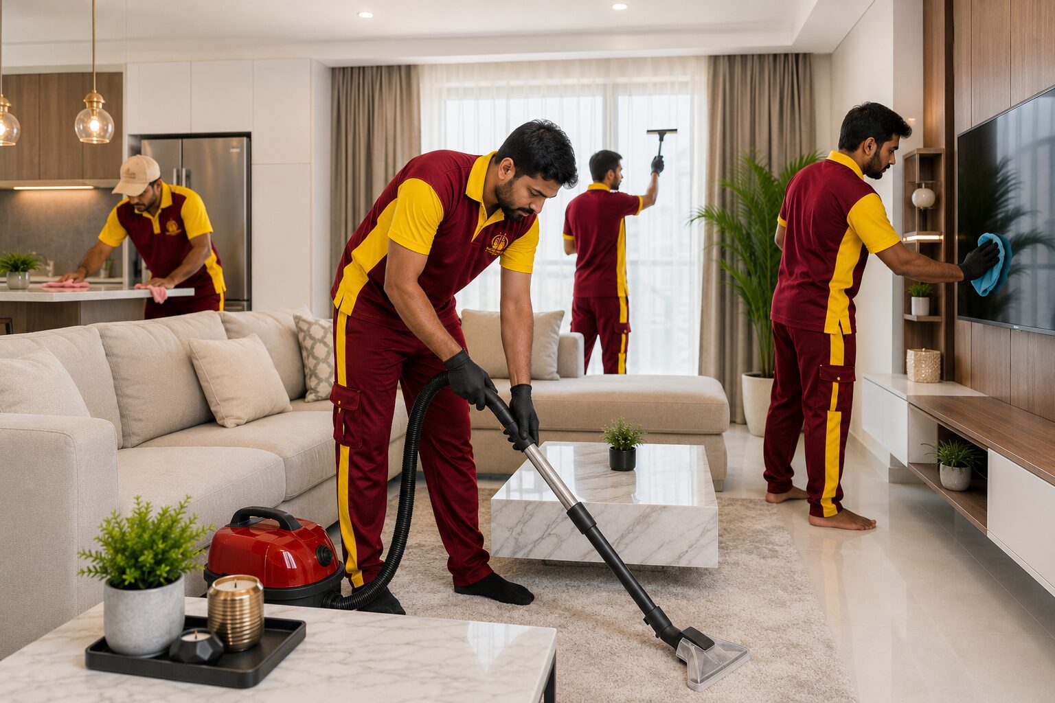 Professional male cleaning technicians from The Fast Clean wearing the official maroon and yellow company uniform while providing home and office cleaning services in a modern UAE residence using professional cleaning equipment.