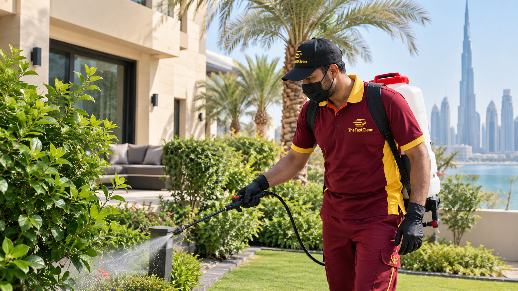 TheFastClean pest control technician in a maroon and yellow uniform spraying garden plants to control mosquitoes outside a Dubai villa.
